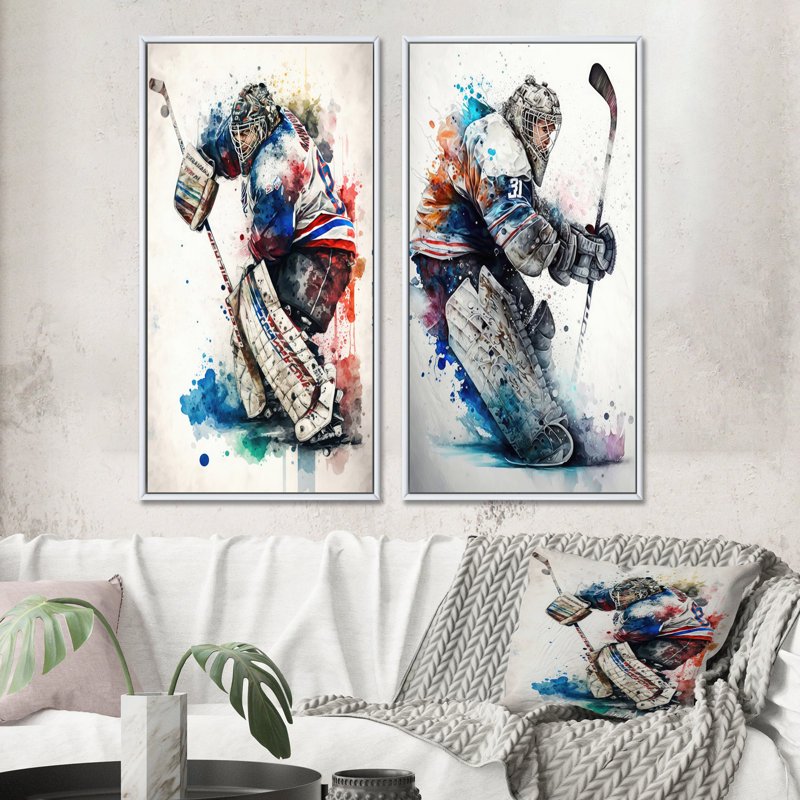 «Hockey Gardien», 2 pièces sur toile, Cadre blanc, H 40 po x l 40 po