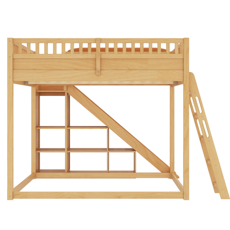 Grand lit mezzanine en bois massif avec tête de lit tapissier, tablettes de rangement et glissade, Grand lit, Naturel