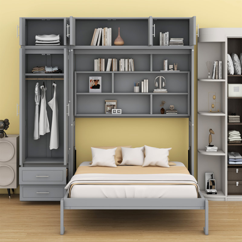 Lit escamotable mural avec armoire supérieure, tablettes et garde-robe, lit pliable peu encombrant, Gris