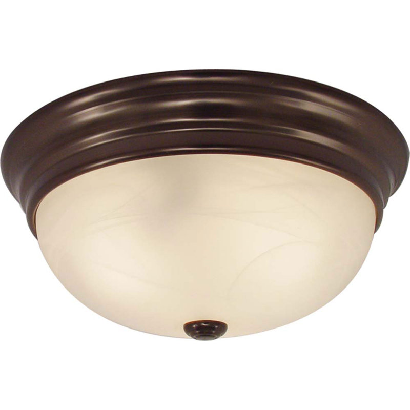 1-Light Indoor or Outdoor Antique Bronze Fluorescent Round Flush Mount Ceiling Fixture with White Alabaster Glass Bowl