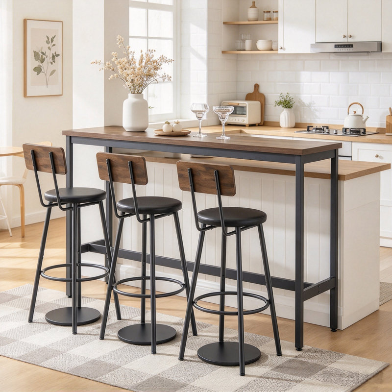 Ensemble de table de bar et chaises pour 3, ensemble de table de salle à manger industriel 4 pièces avec 3 tabourets de bar rembourrés en polyuréthane, ensemble de table de bar pour cuisine, salle à manger, salon, bar, café, coin petit espace, brun 