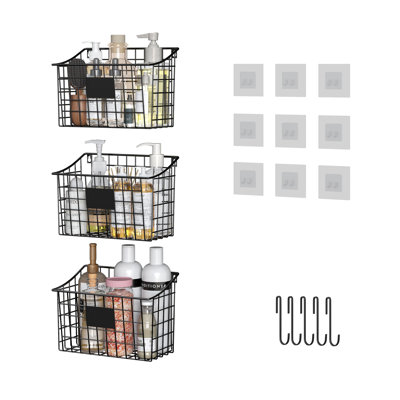 Panier à panier mural avec 5 crochets, 3 étiquettes adhésives, paquet de 3, panier suspendu en métal, noir