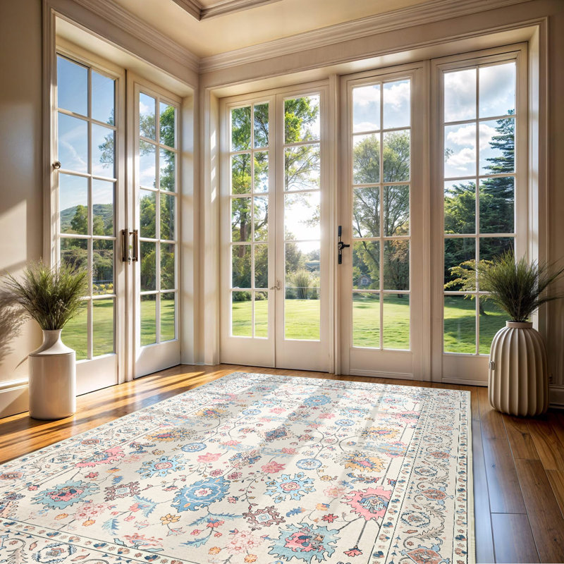 Large Oriental Floral Living Room Rug Washable Bedroom Rug Non-Slip Colorful Vintage Accent Floor Carpet For Home Decor