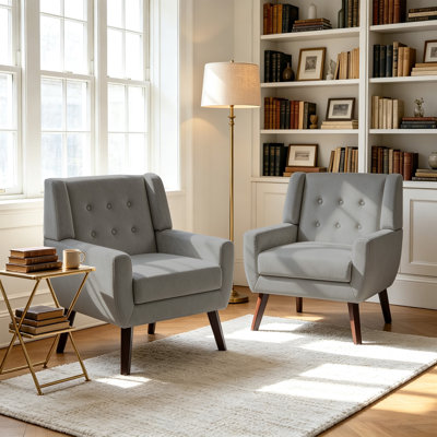 Fauteuil rembourré en velours gris avec dossier en bois massif Davey