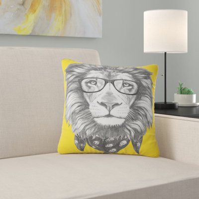 Lion avec lunettes et foulard, housse de coussin carré et insert