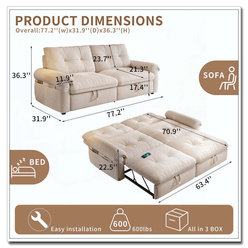 Canapé-lit convertible en velours multifonctionnel, Beige
