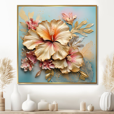 Gilded Hibiscus Tropical Flower On Vintage Blue - Hibiscus Wall Art Living Room
