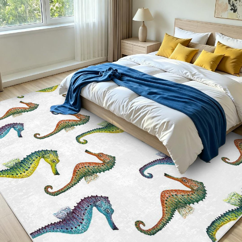 Tapis bleu, bleu, hippocampe et aquarelle, Rectangle 71" x 98"