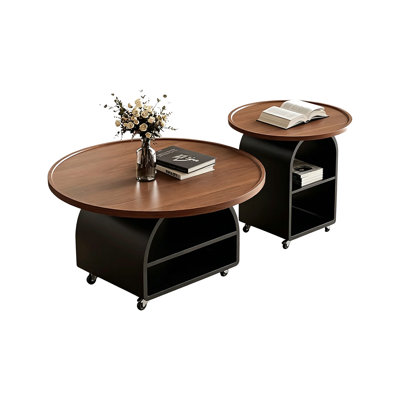 Modern‑Luxury Round Coffee Table Set, One Large & One Small, Mobile With Wheels, Open‑Storage Design