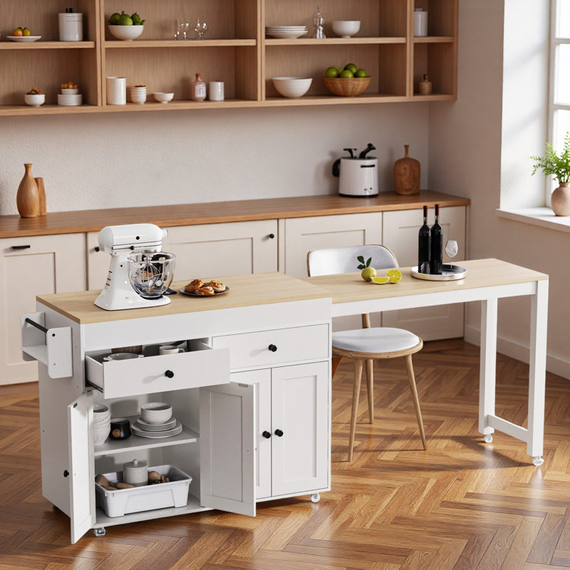 74.5 inch Kitchen Island with Extendable Dining Table, Off White