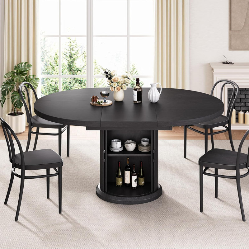 Table de salle à manger pour table de salle à manger ronde extensible de 4 à 6,63 po avec étagère de rangement à 2 niveaux, meuble-lavabo rond ovale en bois avec base à piédestal ()