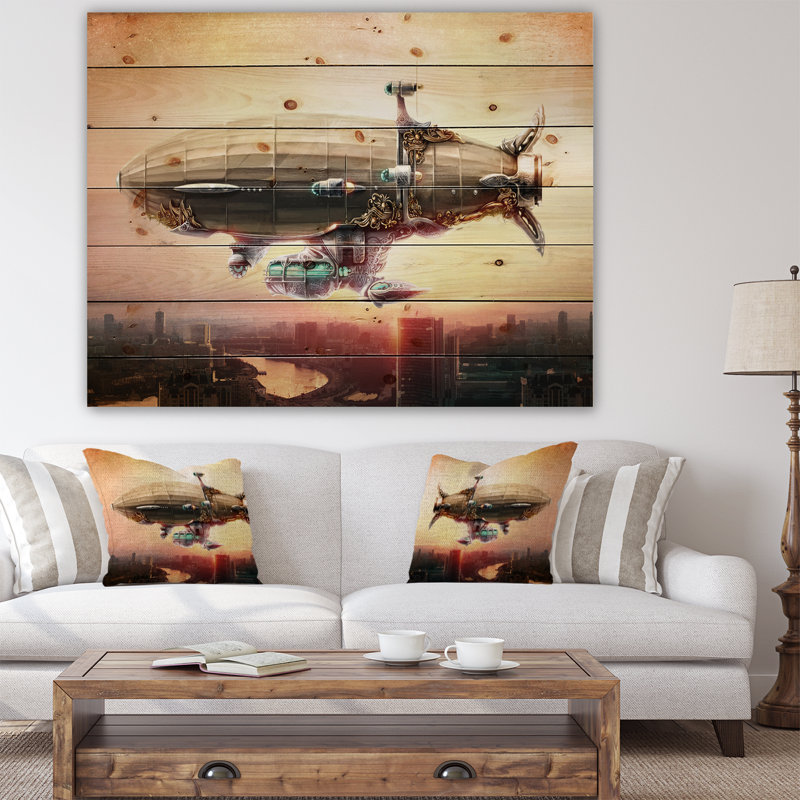 «Dirensible Balloon in Sky over City», reproduction d'impression, H 36 po x l 46 po x P 1,5 po, Bois
