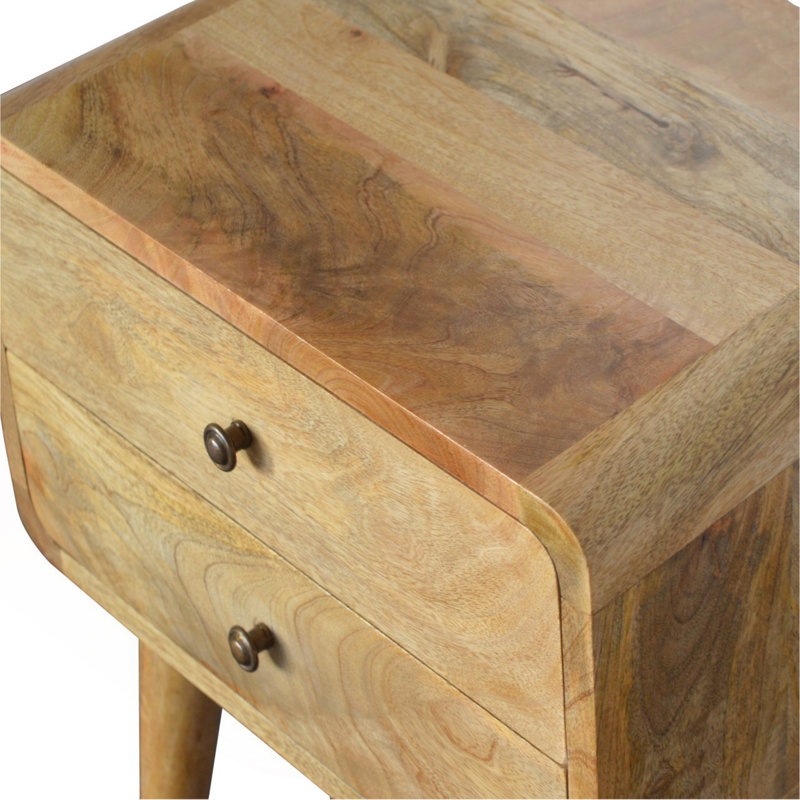 Table de chevet courbée en bois massif, 2 tiroirs, chêne-brun clair, brun clair