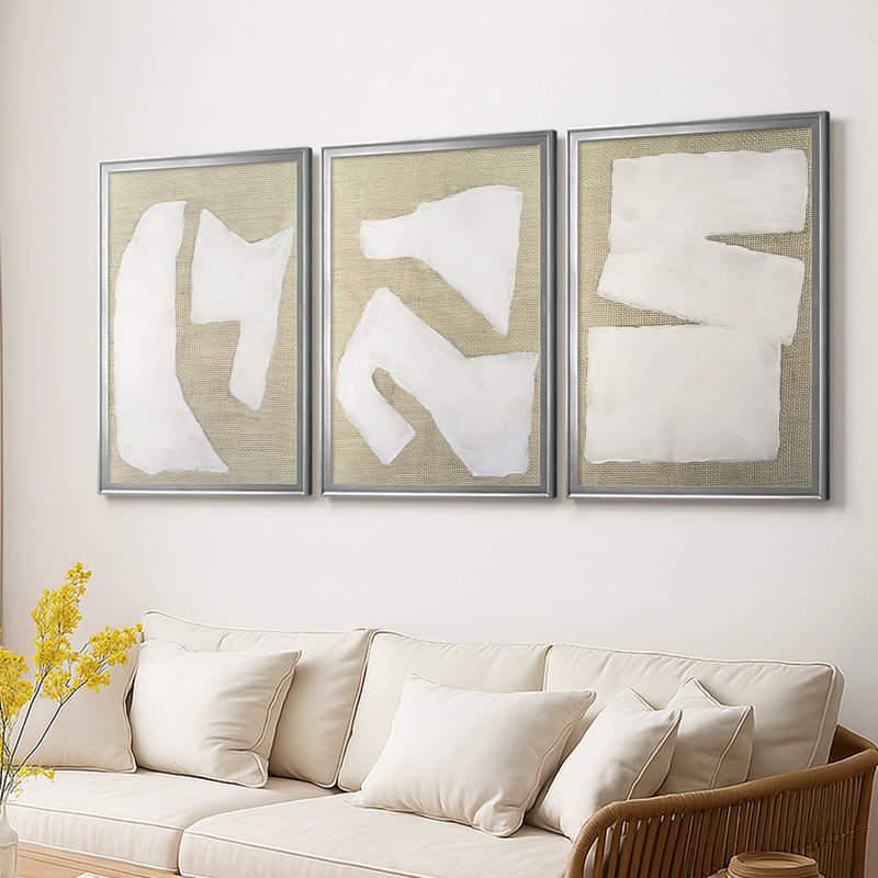 Lin Wabi Sabi I - Toile tendue avec châssis sur mesure - 3 pièces, Argent argent, H 21 po x l 30 po
