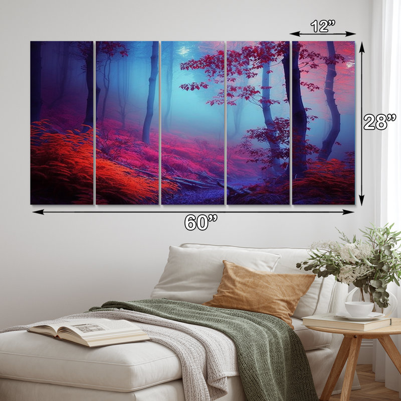 Magical Moonlight Shining Through Misty Trees IV - Forest Wall Decor - 5 Equal Panels