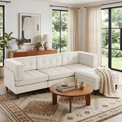 4 - Piece Upholstered Beige Tufted Corduroy Modular Sectional with Pillow Back and Removable Flip-Tray Top Storage Ottoman