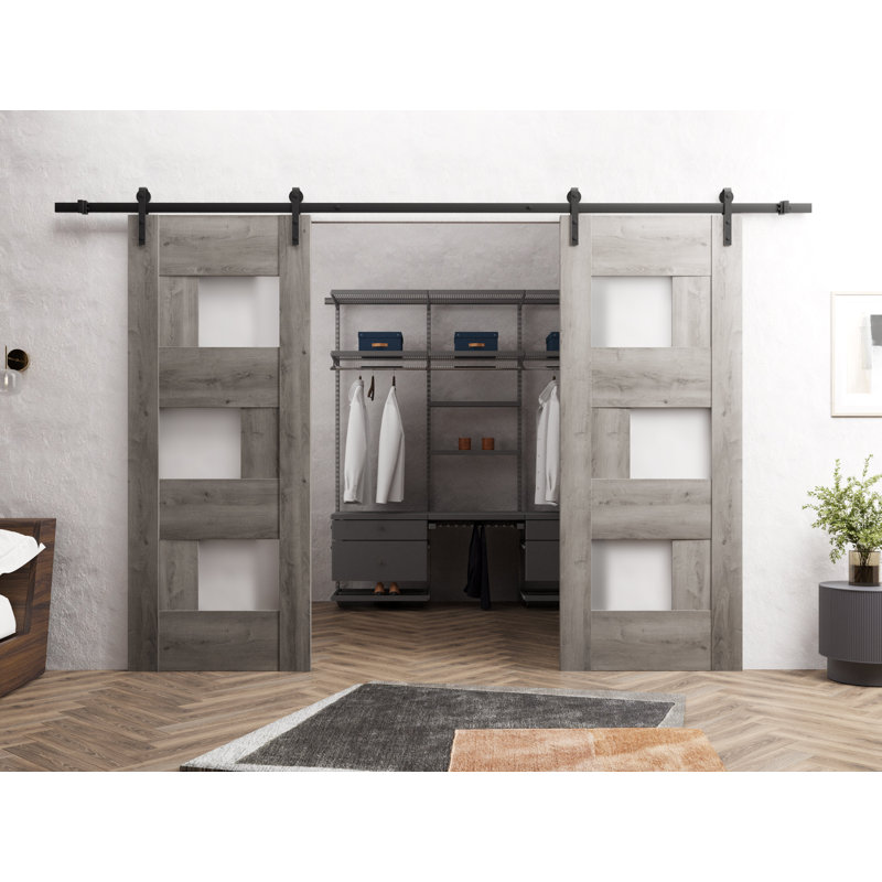 Porte de grange double robuste | Sete 6933 noir mat avec verre givré | Ensemble de 13 cintres lourds pour rail | Portes intérieures solides
