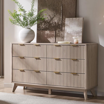 Sladen Fluted Design 6-Drawers Dresser Organizer, Wood Wide Chest of Drawers