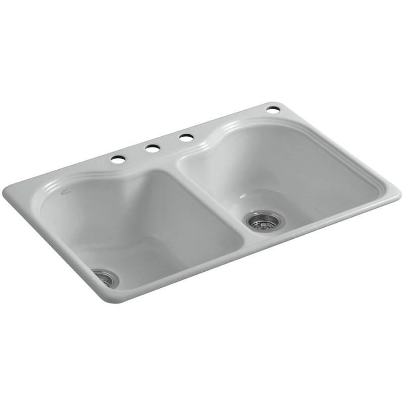 Hartland 33" L x 22" W x 9-5/8" Double Basin Drop-In Kitchen Sink, Ice Grey, 4 Hole