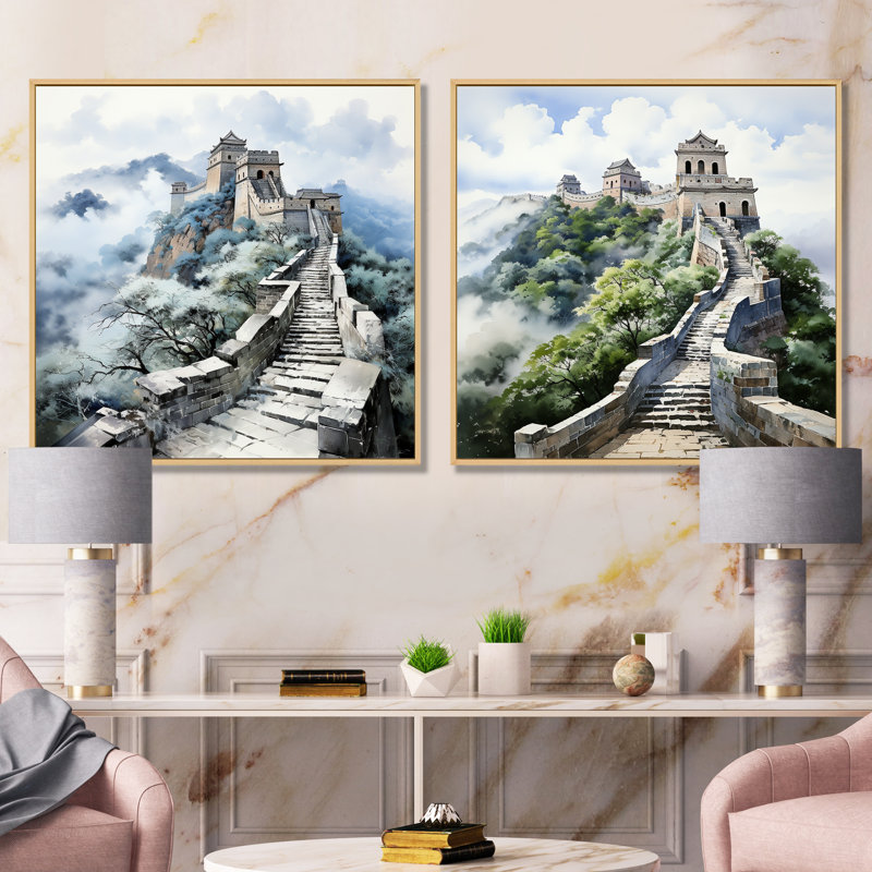 «Great Wall of China Serenity I», ensemble d'art mural sur toile chinois, Cadre flottant brun, H 16 po x l 33 po x P 1 po
