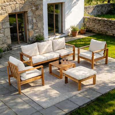Outdoor 5-Piece Acacia Wood Patio Conversation Set with Sofa, Chairs, Ottoman & Coffee Table