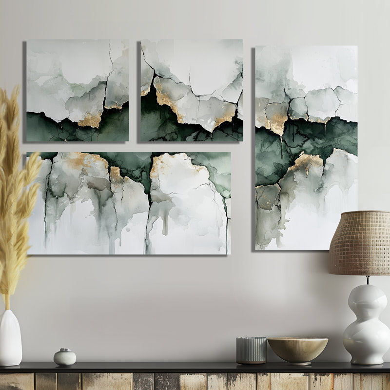 Blanc et gris «Silence of Perception I» - Art mural abstrait 4 pièces, Toile tendue, Ne s’applique pas