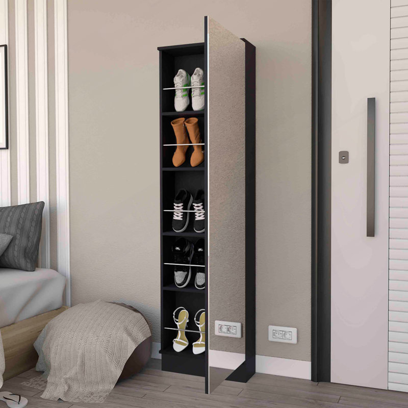 Range-chaussures, miroir, cinq tablettes intérieures, armoire à une porte, Noir
