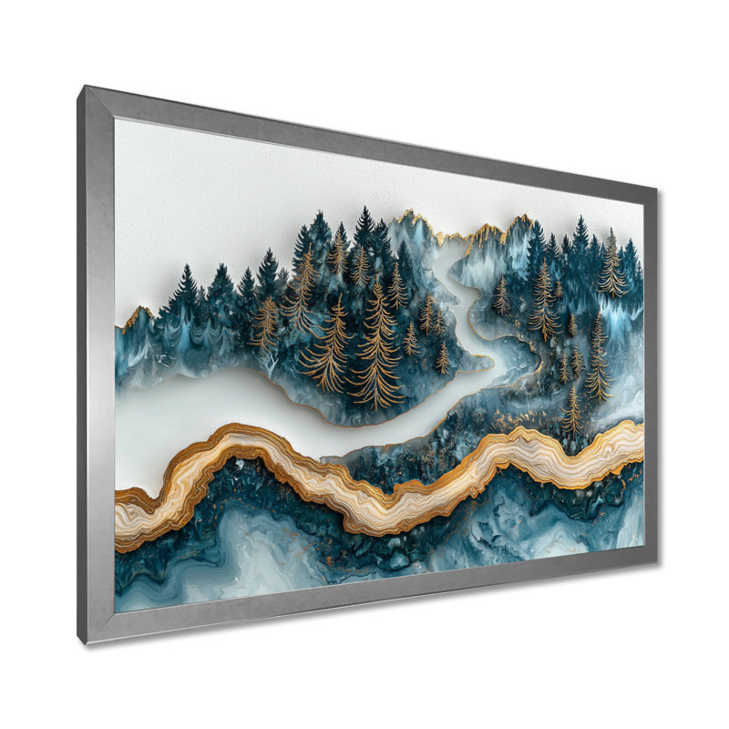 Forêt d'hiver, paysage avec rivière en cristal III - forêt, art mural, H 12 po x l 20 po, Cadre simple, Argent argent