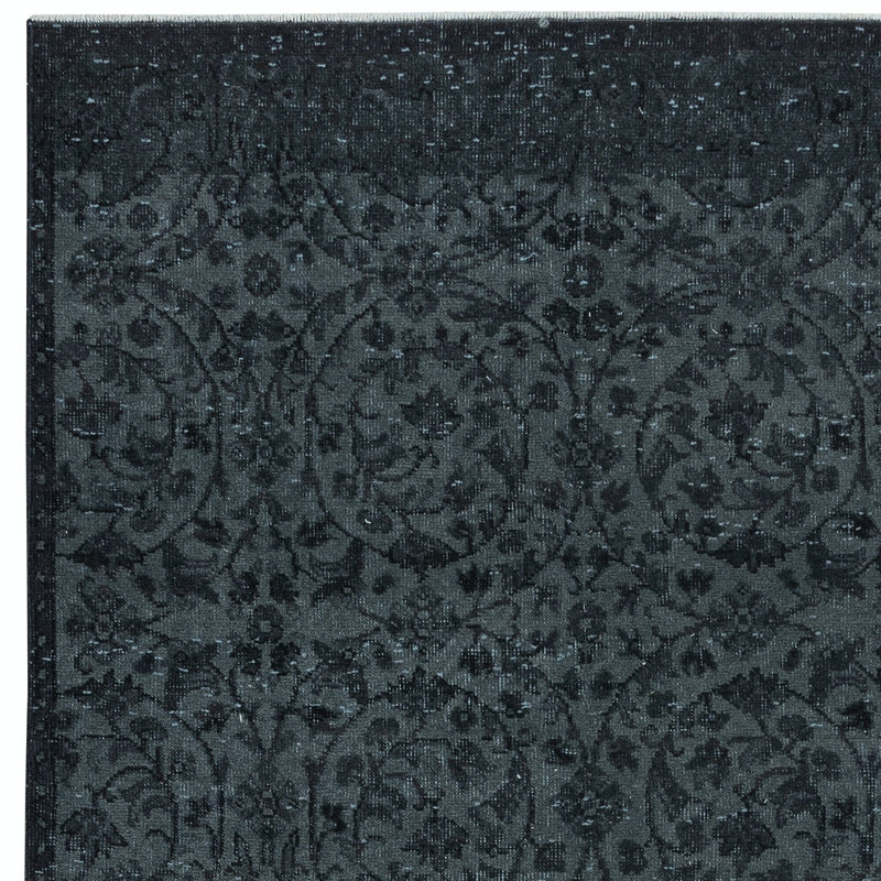 Tapis à motif floral 4,7 x 8,8 pi en noir et gris noué et tissé à la main en Turquie
