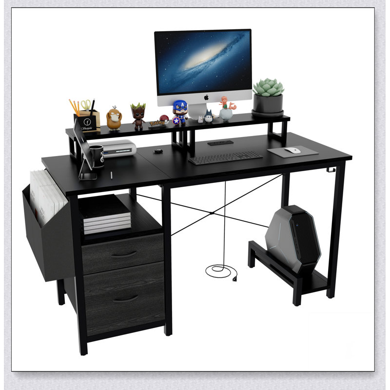 Bureau de 47,3 po avec prise de courant, 2 supports pour écran, 2 tiroirs, pochettes latérales, facile à assembler, stabilité de la structure réversible, utilisation comme bureau à domicile, bureau d'ordinateur, table de jeu