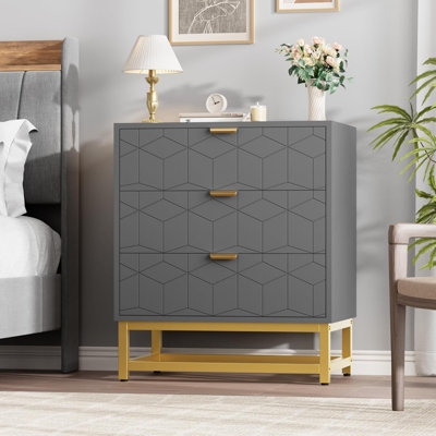 Commode 3 tiroirs, commode en bois moderne avec tiroirs de rangement et poignées dorées, table de chevet pour chambre à coucher et garde-robe