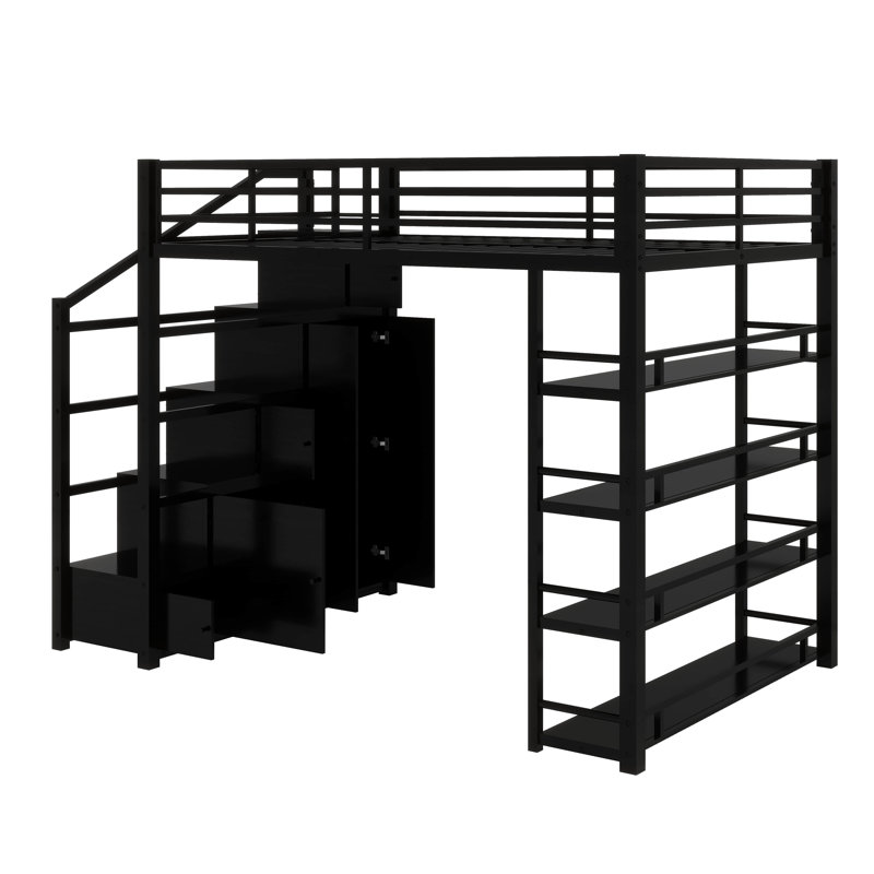 Lit mezzanine double en métal avec tablettes de rangement, armoires et garde-robe spacieuse