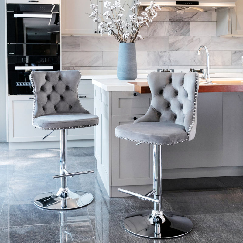 Ensemble de 2 tabourets de bar pivotants avec hauteur de siège réglable pour bistro et îlot de cuisine, Argent argent, Gris