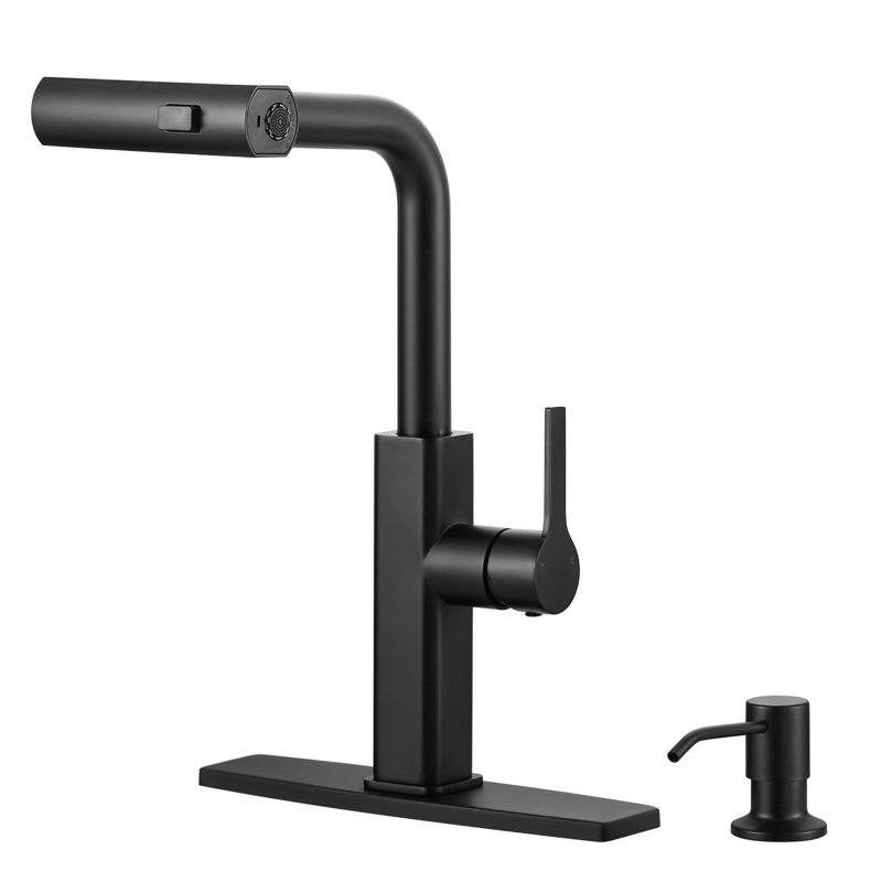 Robinet de cuisine pulvérisateur rétractable à poignée simple 3 modes avec distributeur de savon, Noir mat
