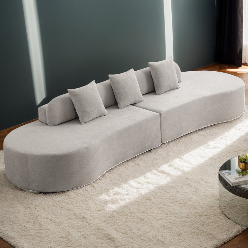 Canapé-lit moderne incurvé en tissu polyvalent avec trois coussins de 130,5 po de largeur Boneless, Gris