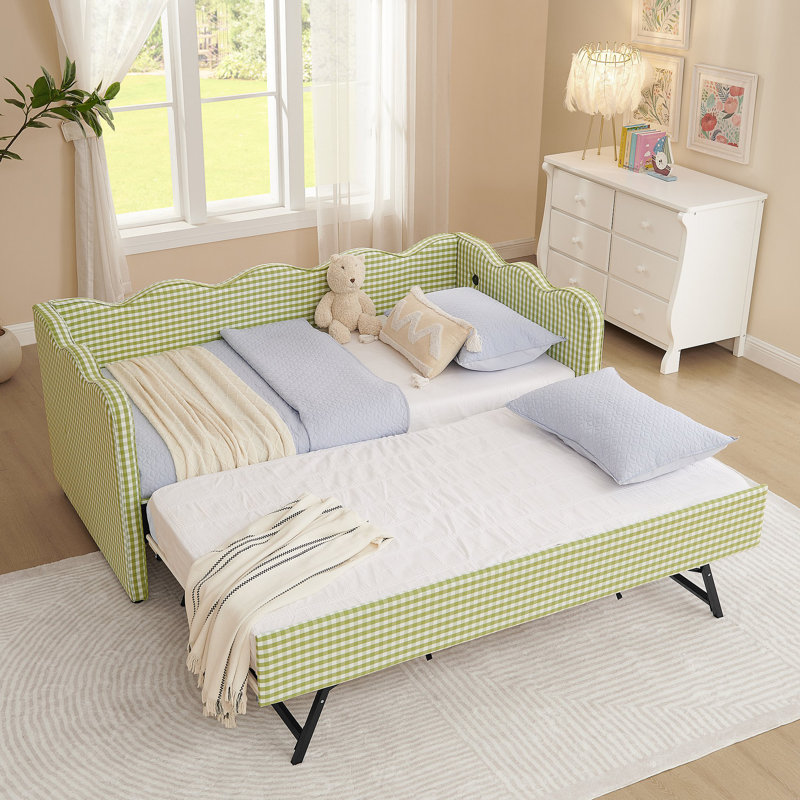 Daybed With Trundle Sofa Bed No Box Spring Needed, With USB Port And Adorable Wave Shaped, Linen Fabric, Green