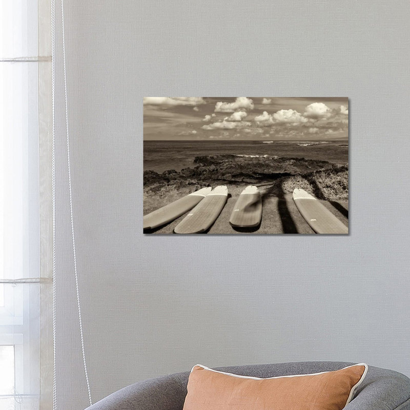 Surf Boards And Ocean by Dennis Frates - No Frame Gallery-Wrapped Canvas Giclée on Canvas, 66.04 cm H x 45.72 cm W