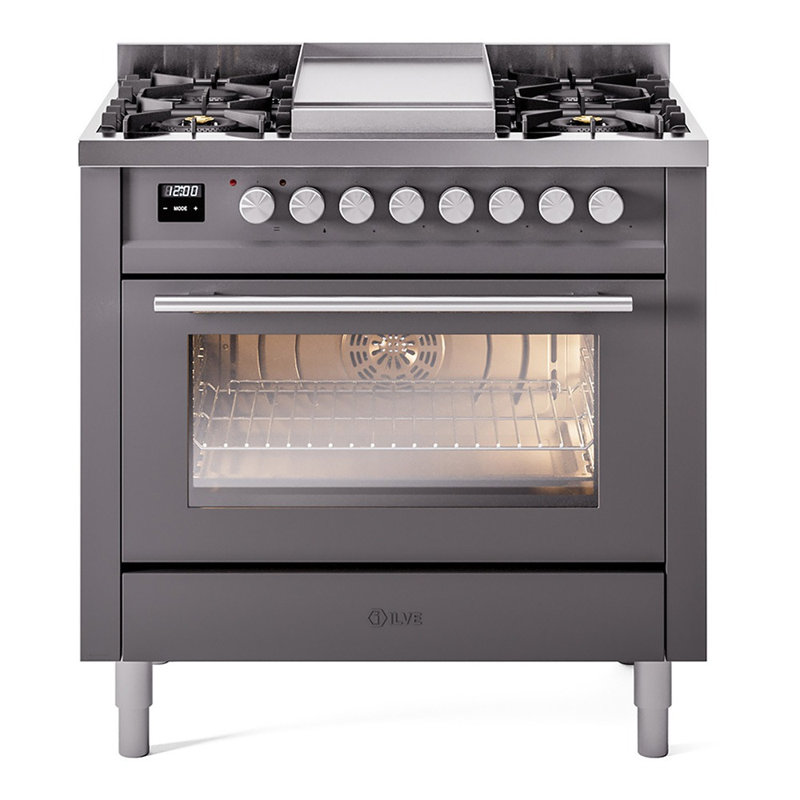 Cuisinière à double combustible 36 ILVE Professional Plus II, 6 brûleurs scellés, plaque chauffante (graphite mat)
