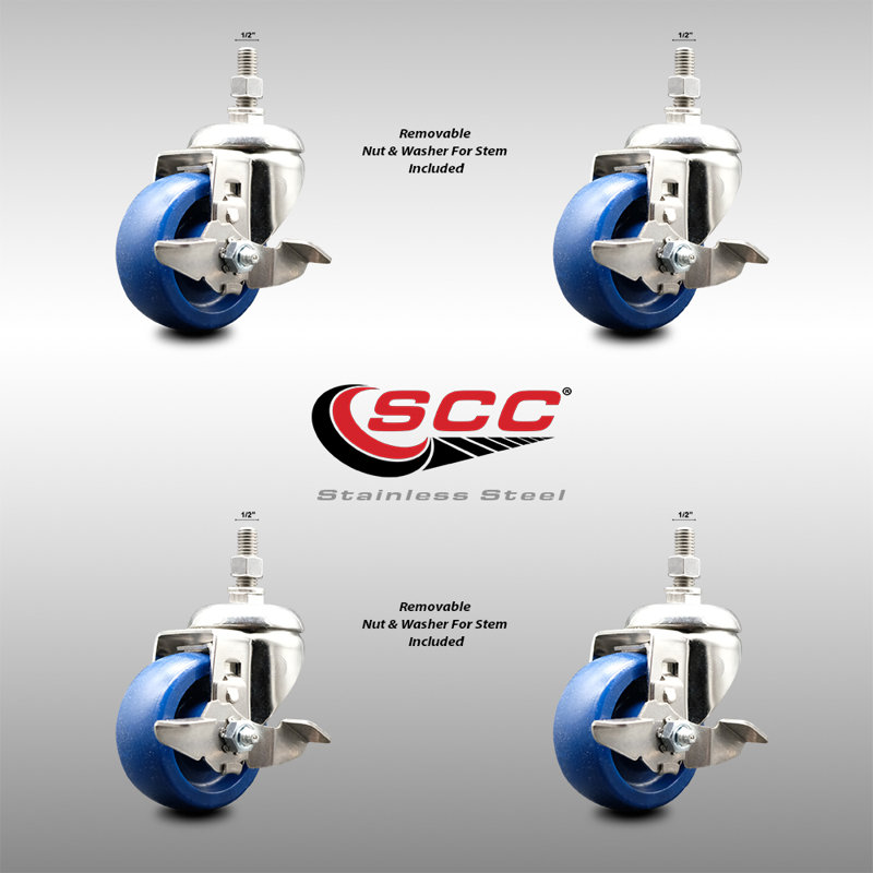 316SS Solid Polyurethane Swivel Threaded Stem Caster Set Brake SCC