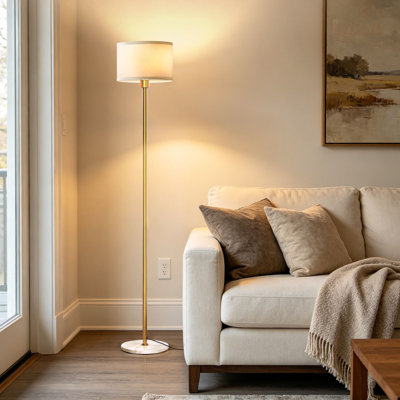 Lampe sur pied dorée de 160 cm avec base en marbre et abat-jour en lin blanc