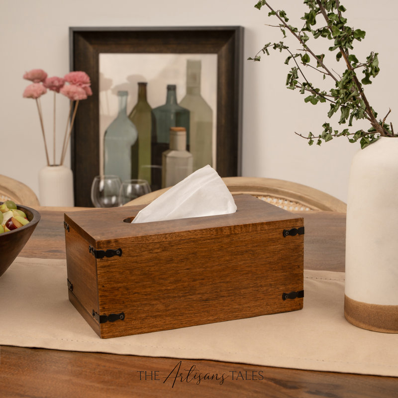 Rustic Dark Brown Mango Wood Rectangular Tissue Box Holder  Handcrafted Farmhouse Chic Décor, Brown