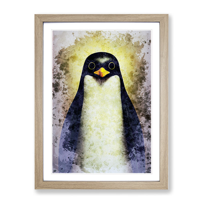Watchful Penguin - Single Picture Frame Print, 34cm H x 25cm W x 2cm D, Oak Framed