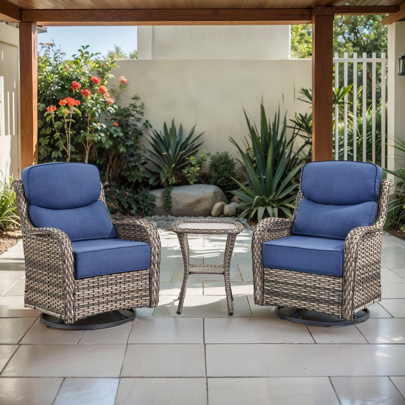 Deb 3-Piece Outdoor Conversation Set with Wicker Swivel Rocking Chairs and Side Table, Gray, Blue