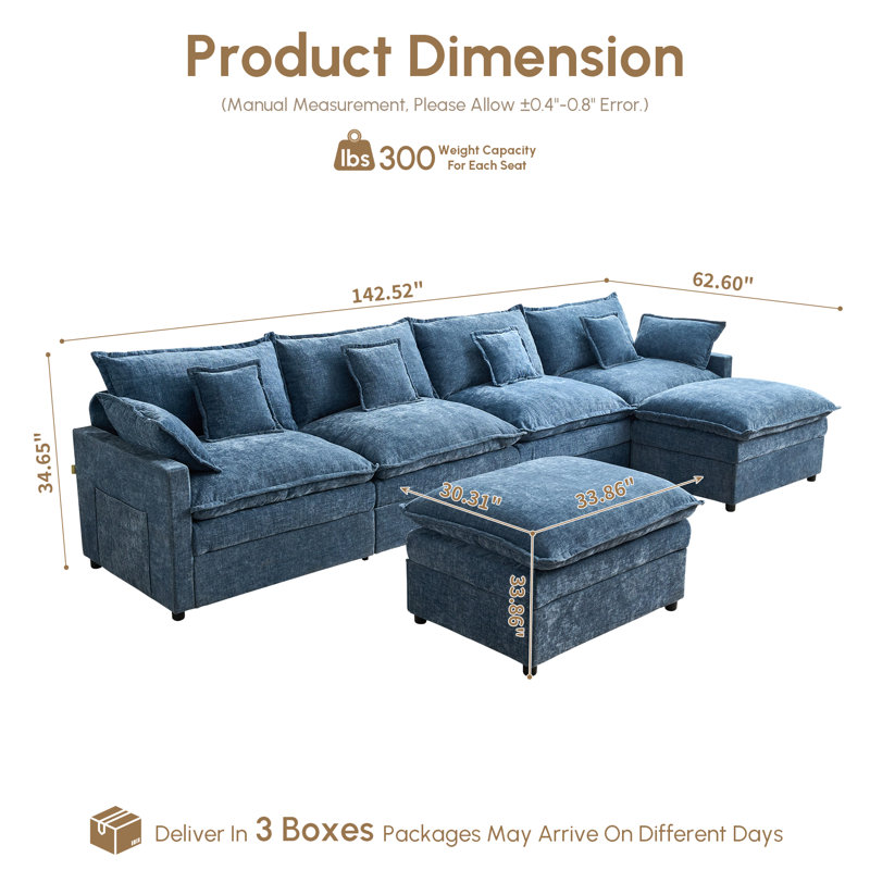 Canapé d'angle en L 6 places de 142 pouces avec 2 poufs amovibles, revêtement en chenille de 26 pouces de profondeur et 4 coussins décoratifs