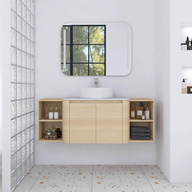 Meuble-lavabo mural 54 po avec lavabo d'art en céramique et 2 tablettes de rangement, chêne blanc américain, Blanc