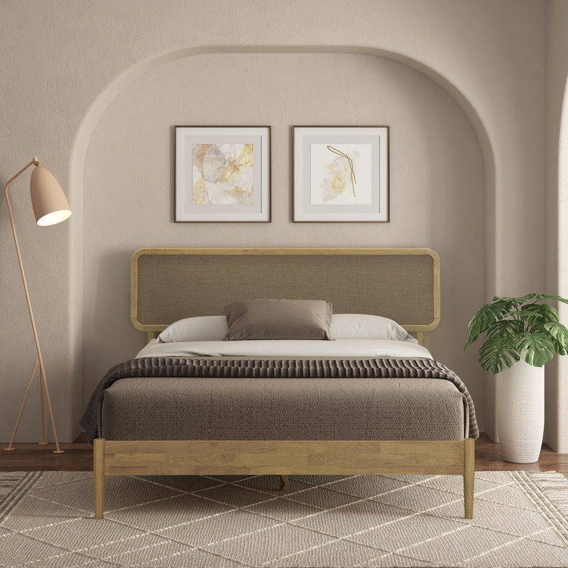 Lit plateforme en bois massif NTC avec tête de lit et lattes silencieuses NTC, style Mid-Century moderne, capacité de poids de 1000 lb, assemblage sans effort, grand sable