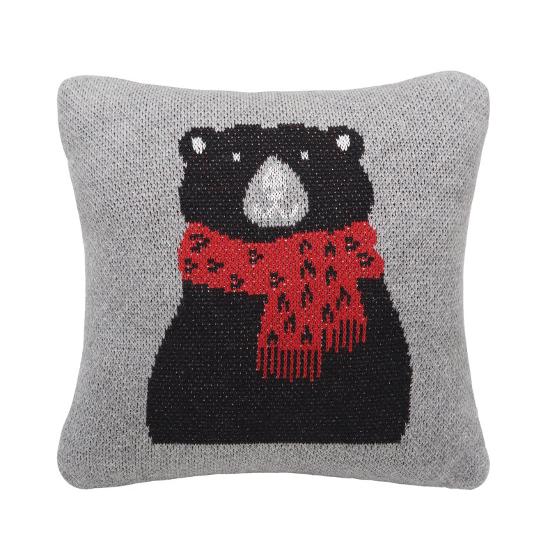 Winter Black Bear Wearing Red Scarf on Gray Background Cotton Knit Petite Accent Throw Pillow