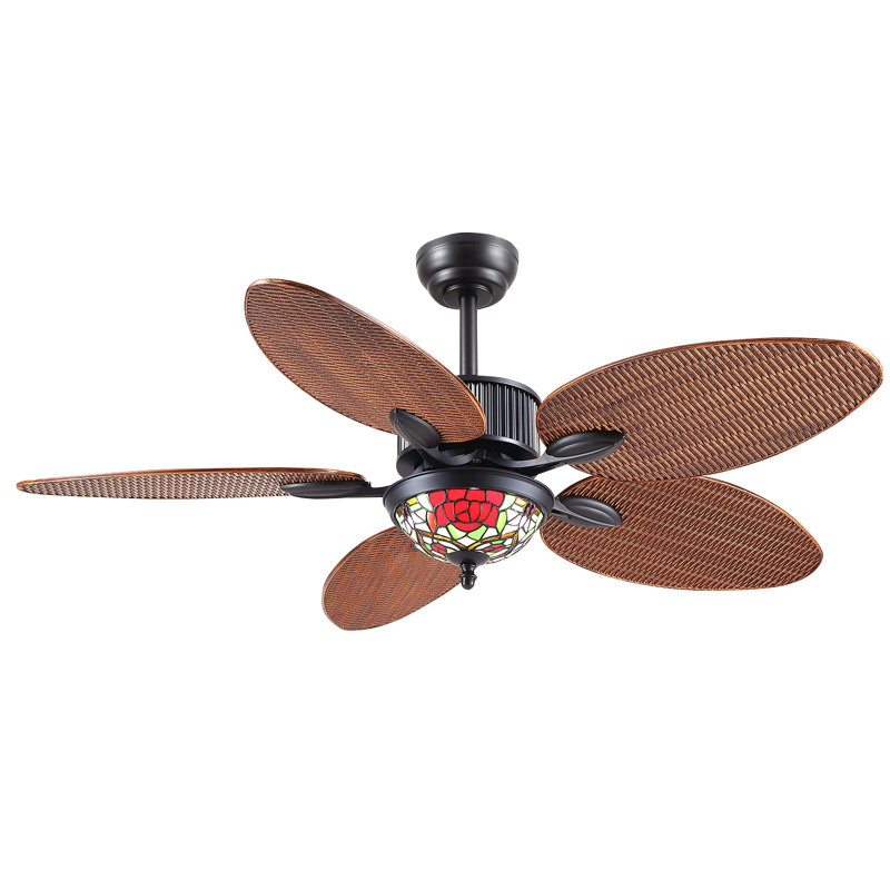50“ 5-blede Tiffany Tropical Palm Leaf Ceiling Fans With Lights And Remote,Wet Rated Tropical Waterproof Outdoor Ceiling Fans For Patios Porch Gazebo Pergola