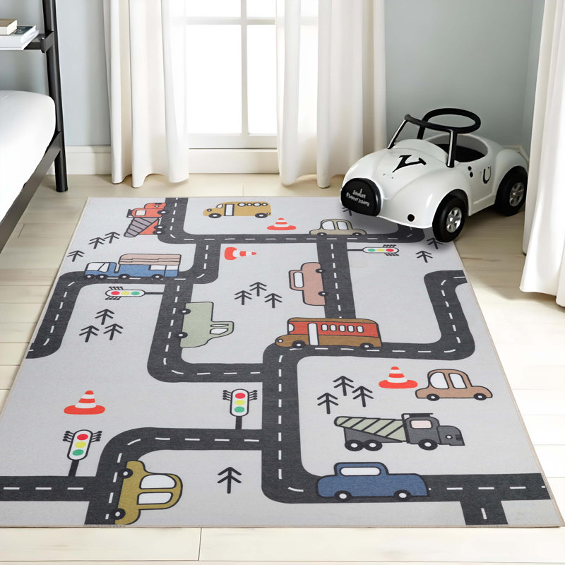Pomerleau Construction Zone Non-Slip Kids Playroom Decor Washable Indoor Area Rug, Rectangle 8' x 10'