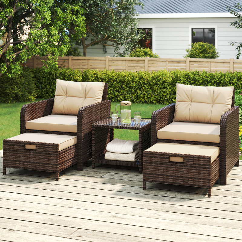 5-piece Patio Conversation Set, Beige Cushion/ Brown Frame
